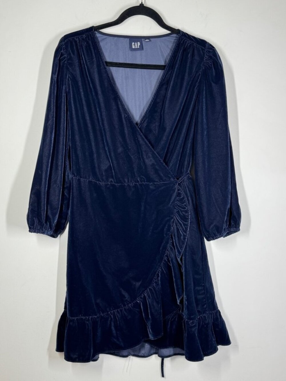 GAP Velvet Wrap Dress Navy Blue Size M Ruffle Hem Holiday Party Formal Chic - Picture 2 of 13